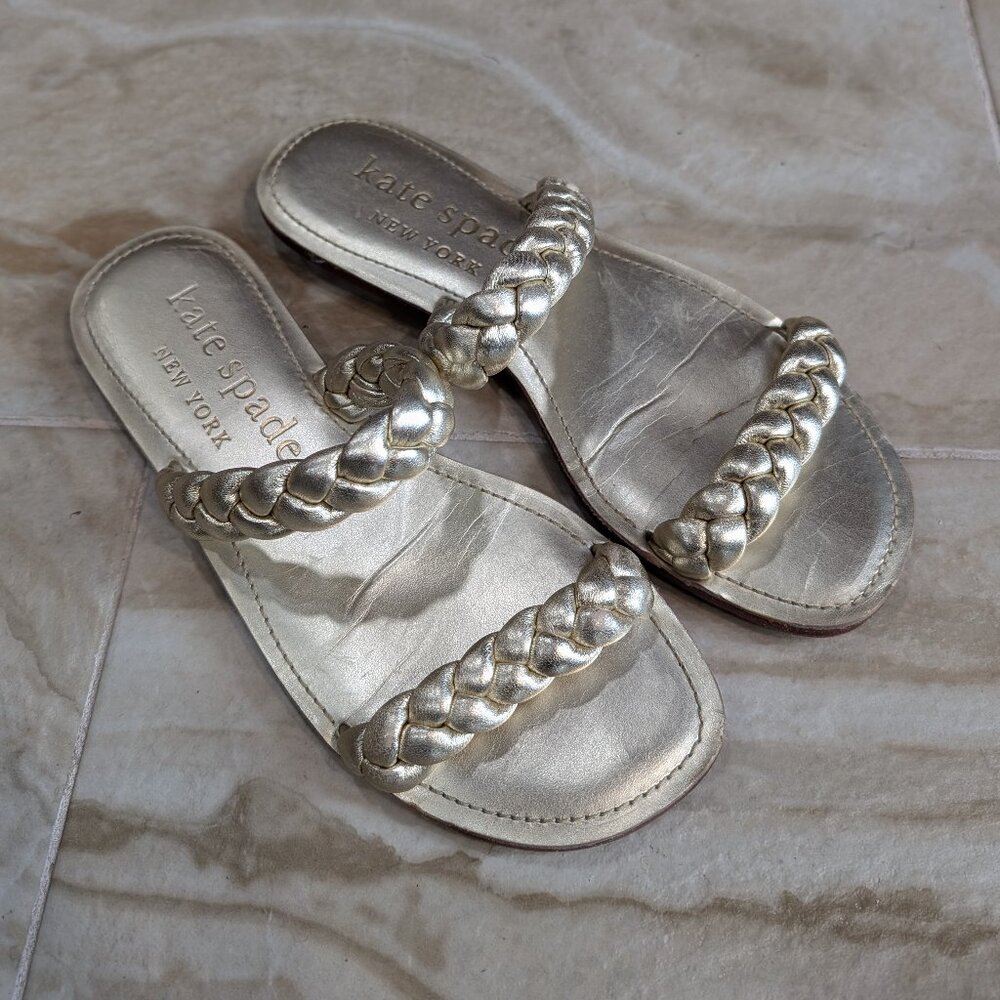 Kate Spade Miami Braided Strap Slip-on Slide Sandals 8.5 Gold Metallic Leather